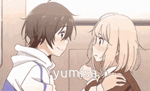 a boy and a girl are looking at each other with yumisa written in the corner