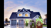 a picture of a house with a cat and a dog