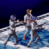 a pixel art of a group of people standing on a staircase