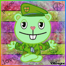 a picture of a cartoon character with the words love peace and blingee