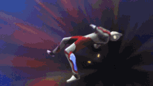 a man in a red and white suit is flying through the air with a blue light behind him