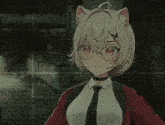a girl with cat ears and glasses is wearing a red jacket
