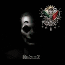 a clown is standing next to a picture of a coat of arms with two flags on it .
