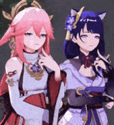 two anime girls are standing next to each other and one of them has a cat ear .