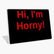 a laptop with the words hi i 'm horny written on it