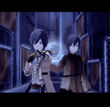 two anime characters are standing next to each other