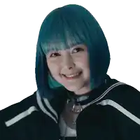 a girl with blue hair is wearing a black jacket