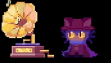 a pixel art of a gramophone and a cat in a hat on a black background .