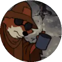 a cartoon fox wearing sunglasses and a hat is holding a cup of coffee