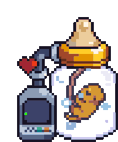 a pixel art drawing of a baby bottle with a rat inside of it .