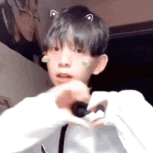 a young boy with cat ears on his head is making a heart with his hands .