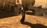 a robot is walking down a dirt road in a video game scene