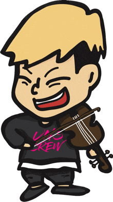 a cartoon of a boy holding a violin with a shirt that says crew on it