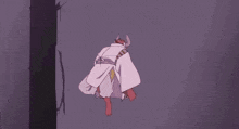 a person is flying through the air with a flame coming out of their feet .