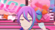 a close up of a person with purple hair and blue stripes .