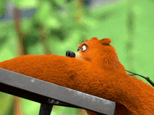 a cartoon bear is laying on a bench and looking up