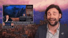a man with his eyes closed and a full interview linked below him