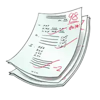 a cartoon drawing of a stack of papers with a grade of 98