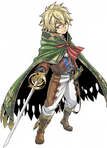 a drawing of a boy with a sword and a green cape