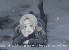 a cartoon of a man laying on the ground with the words poland looking at me with love yes he love me