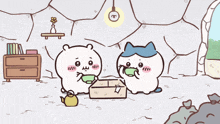 a cartoon drawing of a cat and a bear eating