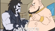 a cartoon of two men standing next to each other with the words my bike on the bottom