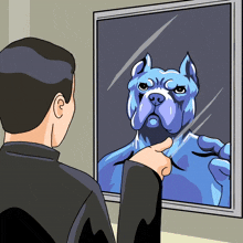 a cartoon of a man looking at a picture of a blue dog in a mirror