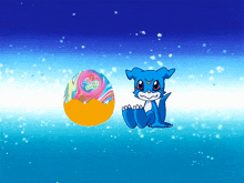 a blue cartoon character is sitting next to a rainbow colored egg