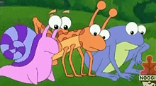 a group of cartoon animals are standing next to each other in a field .