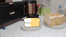 a slice of bread sits on a plate next to a microwave oven