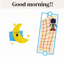 a picture of a robot and a sleeping crescent moon with the words good morning written below it