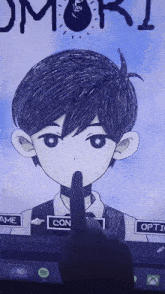 a person is pointing at a drawing of a boy with the word omori on the bottom