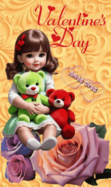 a valentine 's day card with a doll holding a green teddy bear and a red teddy bear
