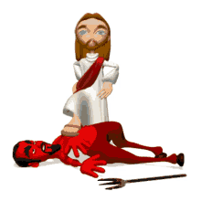 a cartoon of jesus standing over a devil with a trident