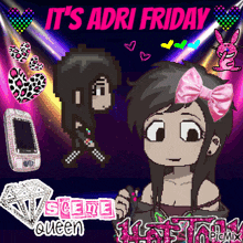 a poster that says it 's adri friday with a girl with a pink bow on her head