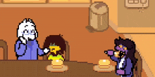 a pixel art of a man and a woman sitting at a table eating burgers .
