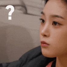 a close up of a woman 's face with a question mark above her head