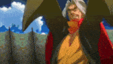 a man with a beard and a red cape is standing with his arms outstretched