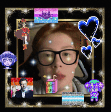 a picture of a girl with glasses and a box of gay juice