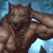 a painting of a werewolf with big muscles and a rope around his neck .