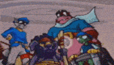 a group of cartoon characters are standing next to each other in a circle .