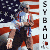 a man dressed as benjamin franklin is holding a stack of money in front of an american flag