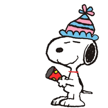 a cartoon of snoopy wearing a party hat and holding a party popper .