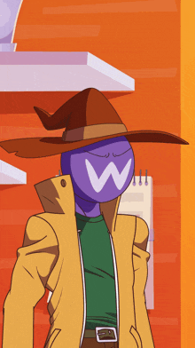 a cartoon character with a purple head and a brown hat with a white w on it