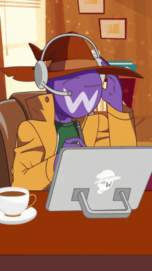 a cartoon of a man wearing headphones and a hat with a w on it