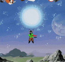 a cartoon of a man flying through the air surrounded by other cartoon characters