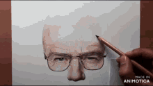 a person is drawing a man 's face with glasses and a pencil