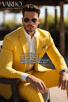 a man wearing a yellow suit and sunglasses is sitting on a chair with vardo written on the bottom