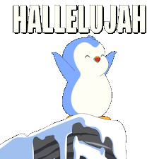 a blue and white penguin is standing on top of a snow covered iceberg with the words hallelujah behind it