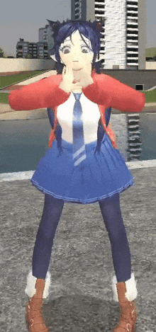 a girl in a blue skirt and tie stands in front of a body of water